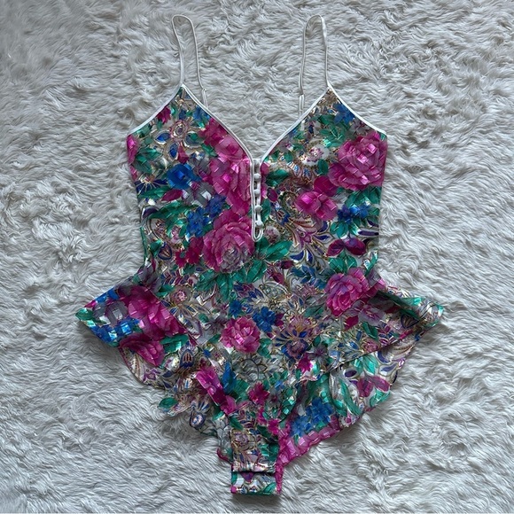 Victoria's Secret Teddy Bodysuit Vintage Gold Label Lingerie Sheer Floral Sz M